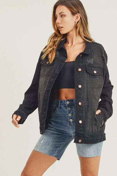Black Risen Full Size Distressed Long Sleeve Denim Jacket