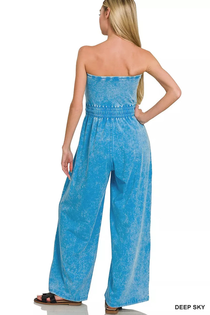Deep Sky Zenana Acid Washed Strapless Tube Top Jumpsuit 1
