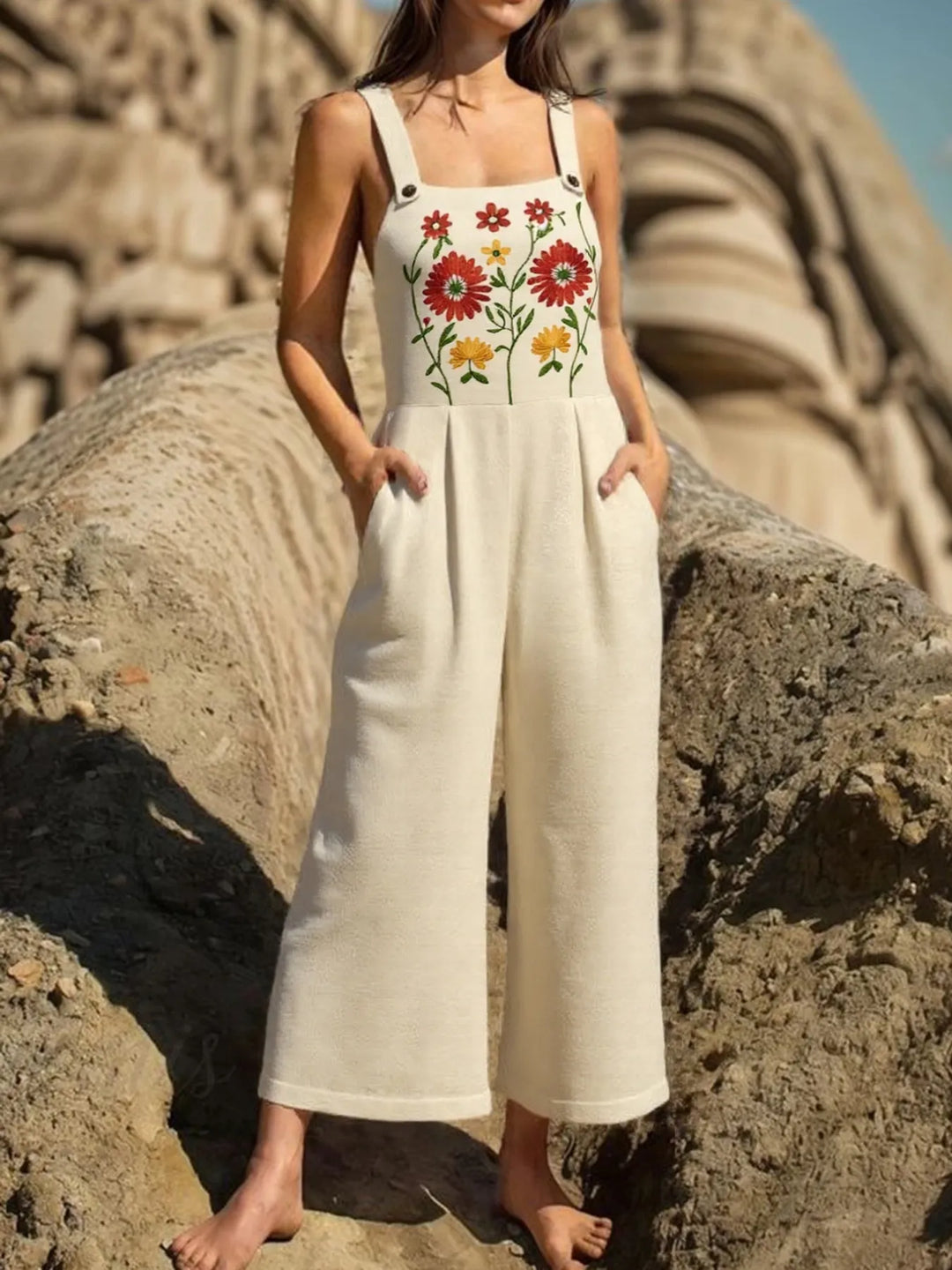Tan Floral Embroidered Wide Leg Jumpsuit