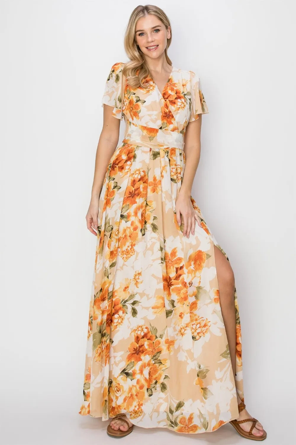 Orange Hyfve Floral Tie Back Short Sleeve Slit Maxi Dress