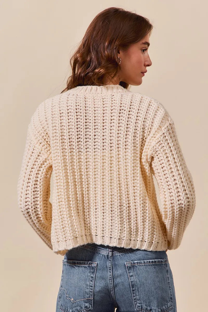 So Me Metal Button Long Sleeve Chunky Sweater Cardigan