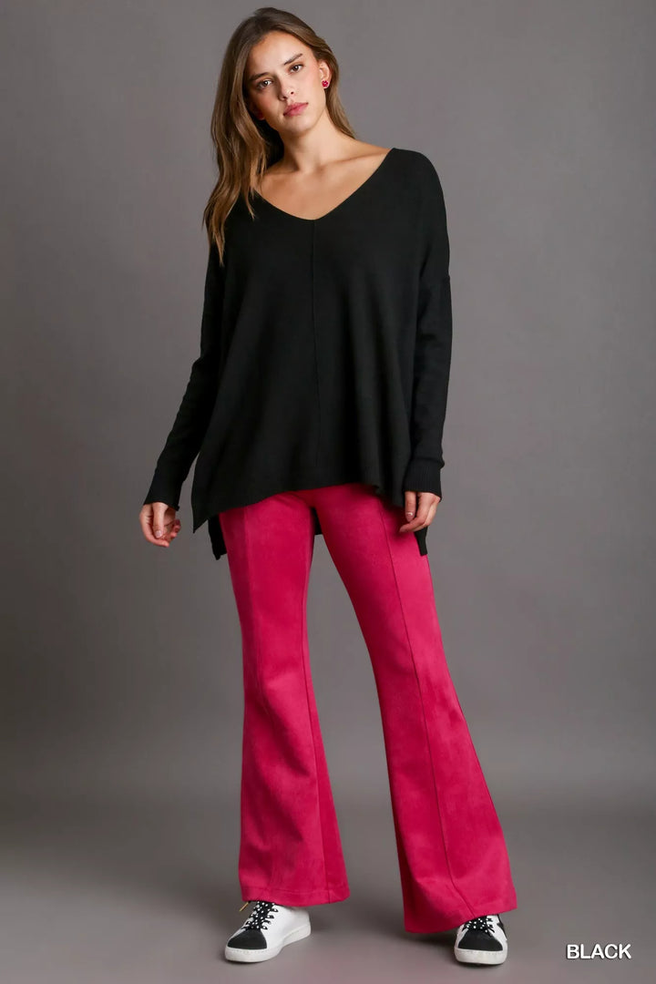 Black Umgee V Neck High Low Hem Knit Top With Side Slit