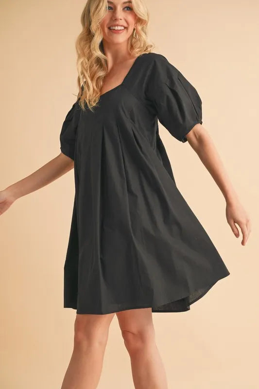 Black Aemi Co Square Neck Babydoll Dress With Pockets