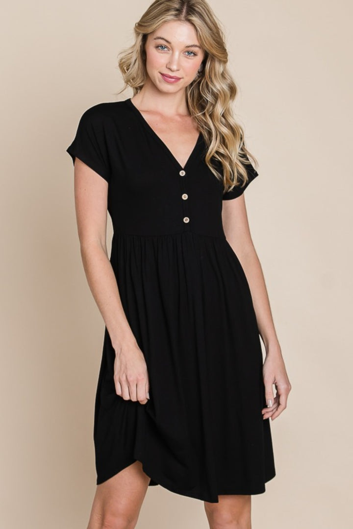 Black Bombom V Neck Short Sleeve Dress