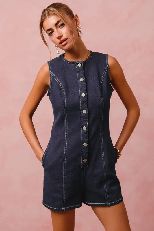 So Me Button Up Front Washed Denim Sleeveless Romper