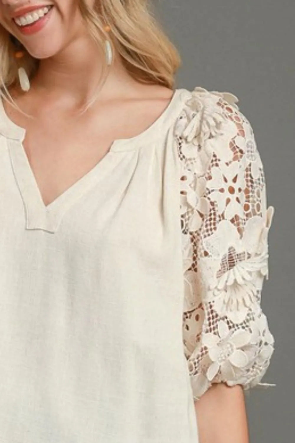 Oatmeal Umgee Full Size French Terry Boxy Cut Top With 3D Floral Sleeve Plus Size