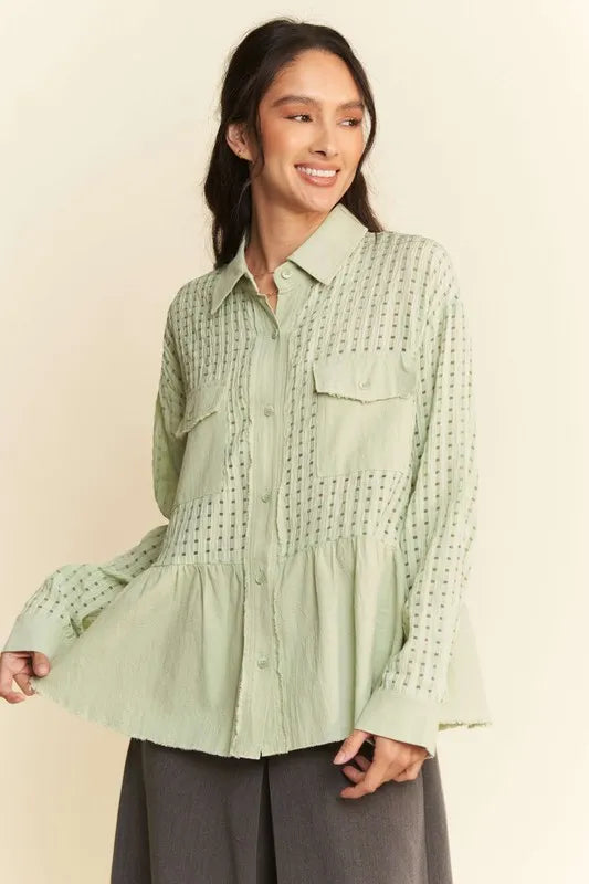 Sage Davi Dani Garment Washed Jacquard Button Front Shirt