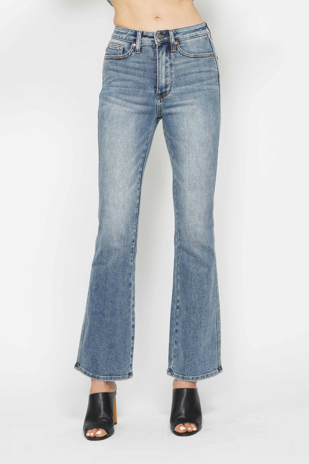 LONG INSEAM Judy Blue Full Size Tummy Control Back Embroidered Pocketed Bootcut Jeans Plus Size
