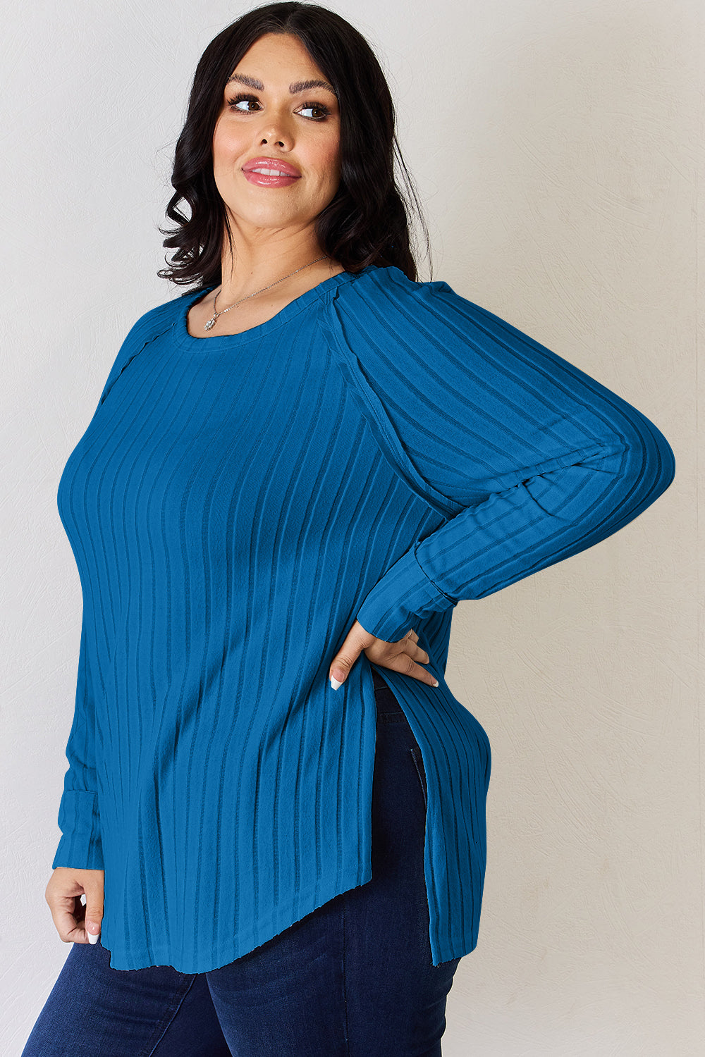 Basic Bae Full Size Ribbed Round Neck Slit T Shirt