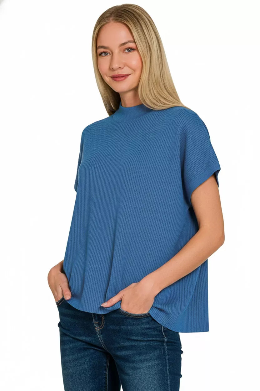 Classic Blue Zenana Viscose Mock Neck Short Sleeve Boxy Sweater 2
