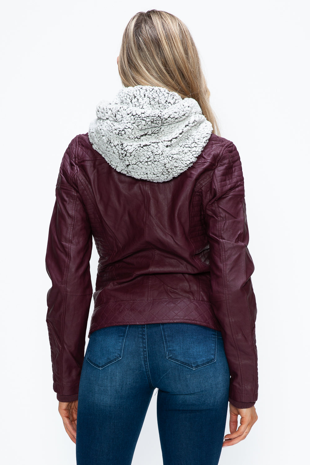 Wine Ymi Faux Layered Double Zipper Jacket With Fuzzy Hood 1