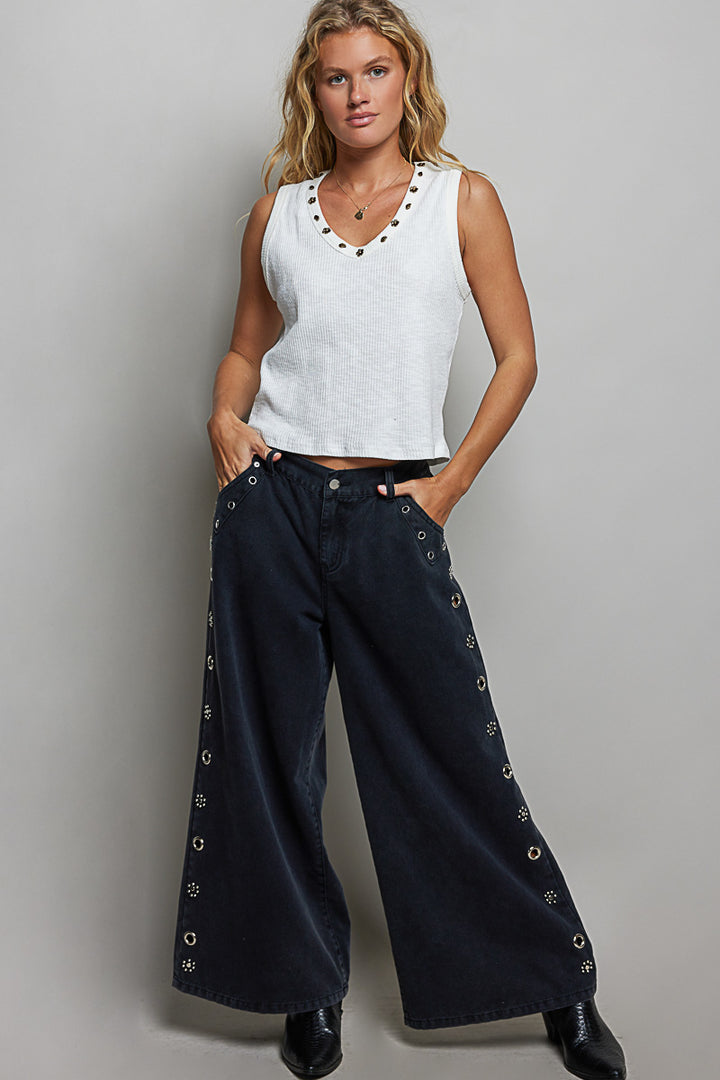 Pol Ribbed V Neck Tank With Stud Point