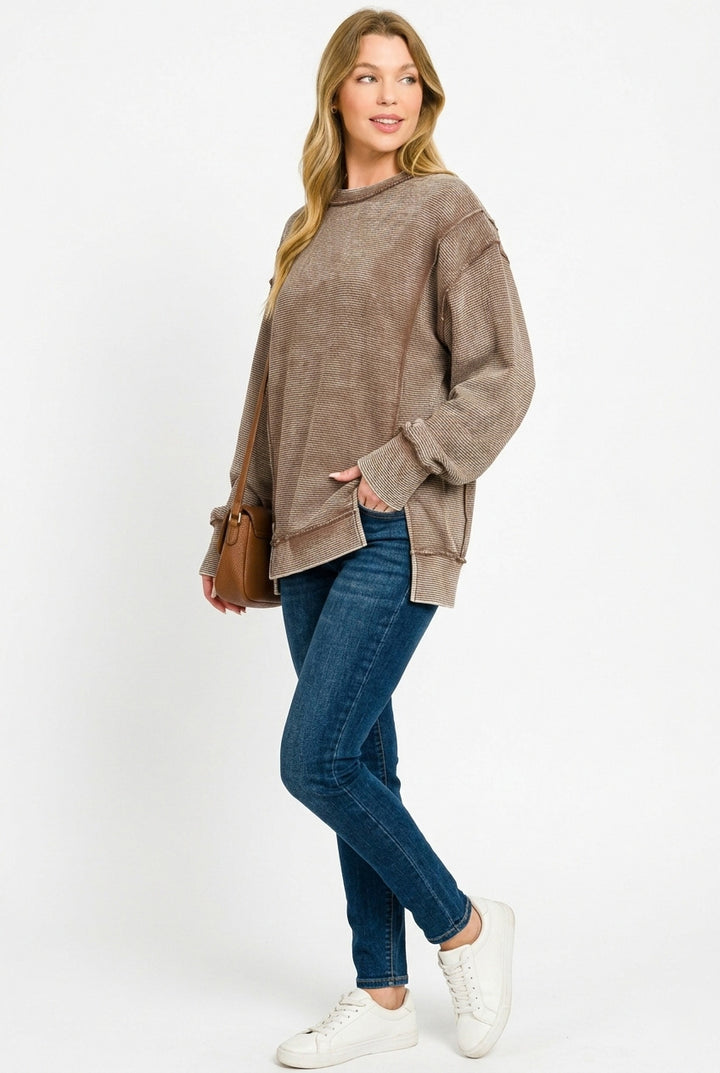 Brown Zenana Acid Washed Double Ribbed Exposed Seam Sweatshirt 2
