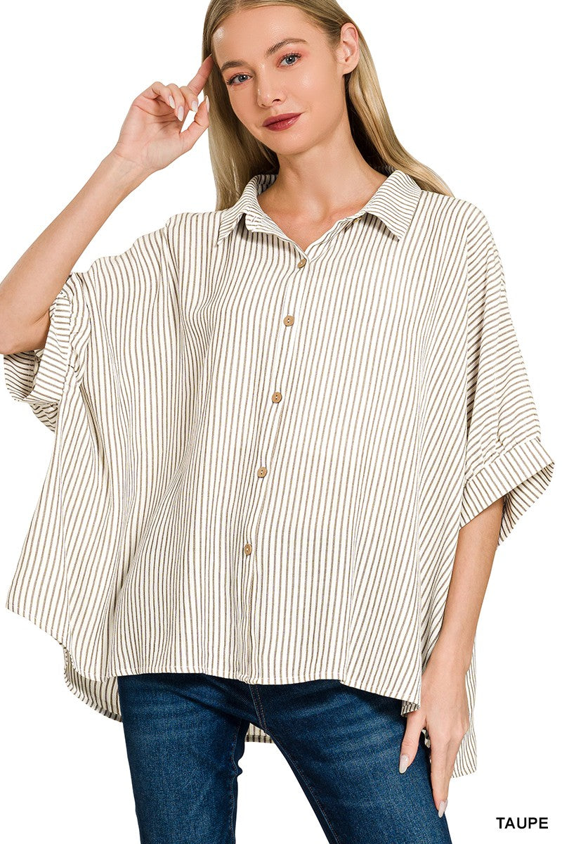 Taupe Zenana Full Size Woven Stripe Button Down Boxy Shirt Plus Size 1