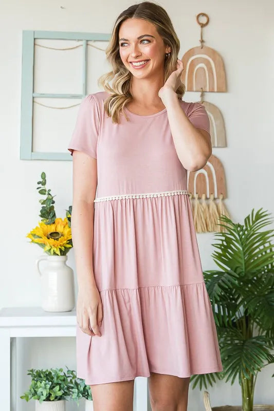 Dusty Rose Heimish Full Size Solid Mini Tiered Dress With Pompom Lace Plus Size