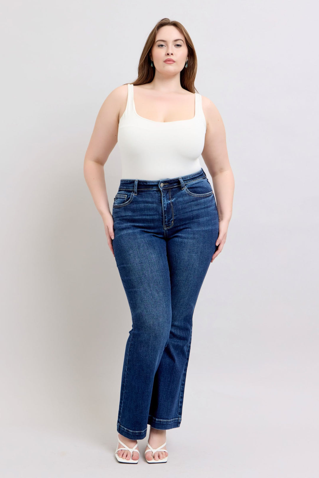 Dark Judy Blue Full Size High Rise Flare Jeans With Pockets Plus Size