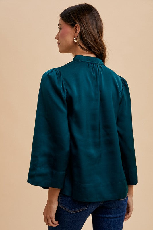 Deep Teal Annie Wear Satin Notched Three Quarter Sleeve Blouse