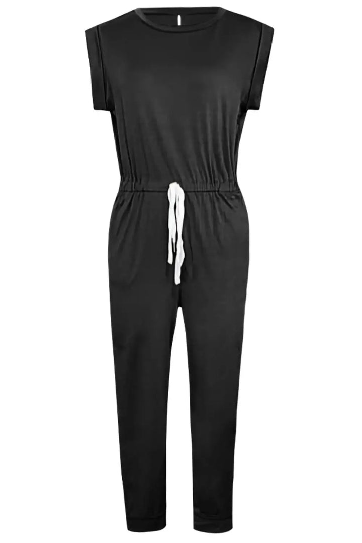 Black Drawstring Round Neck Sleeveless Jumpsuit
