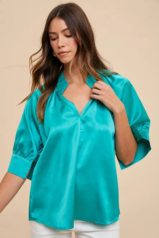 Emerald Annie Wear Satin V Neck Open Short Sleeve Woven Blouse Top 3