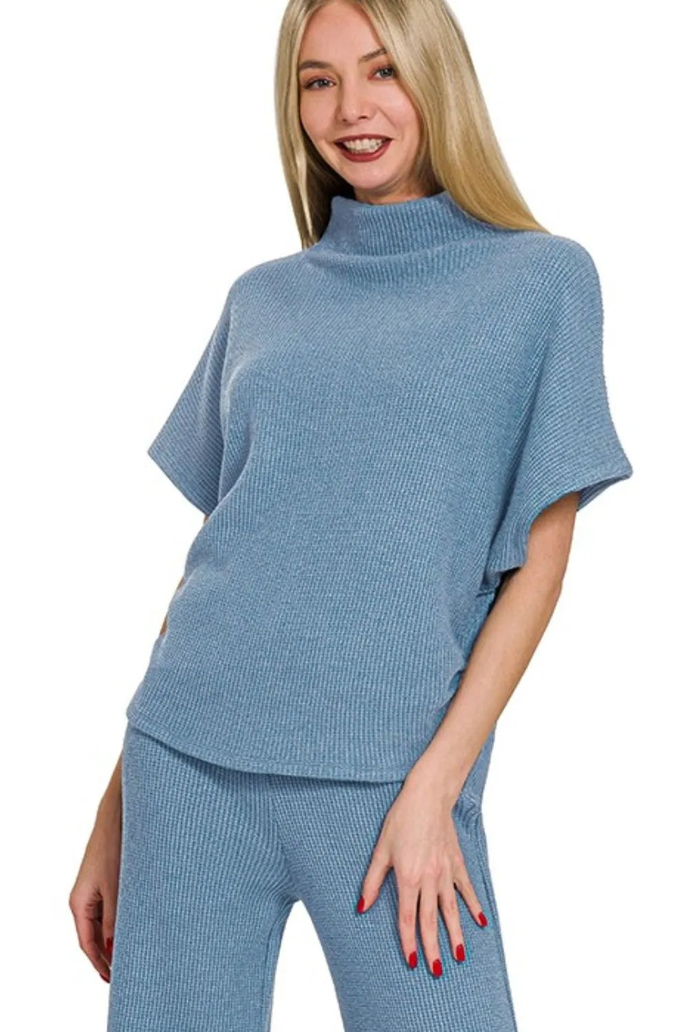 Dusty Blue Zenana Sweater Mock Neck Top Long Pants Set 5