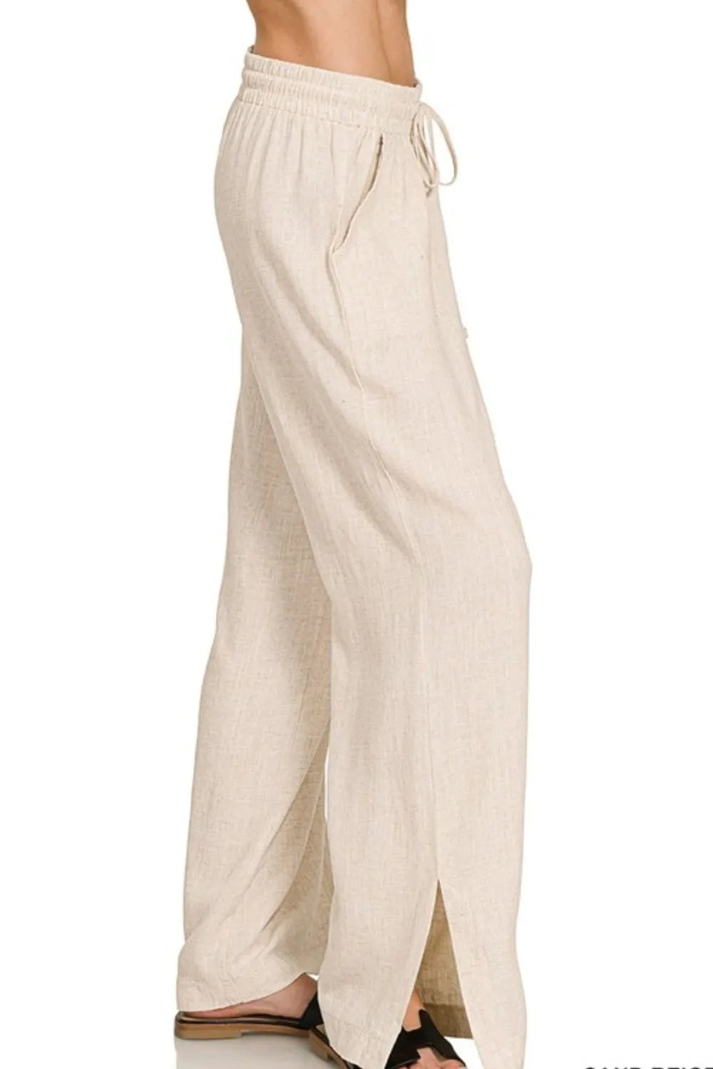 Sand Beige Zenana Linen Drawstring Pants 1