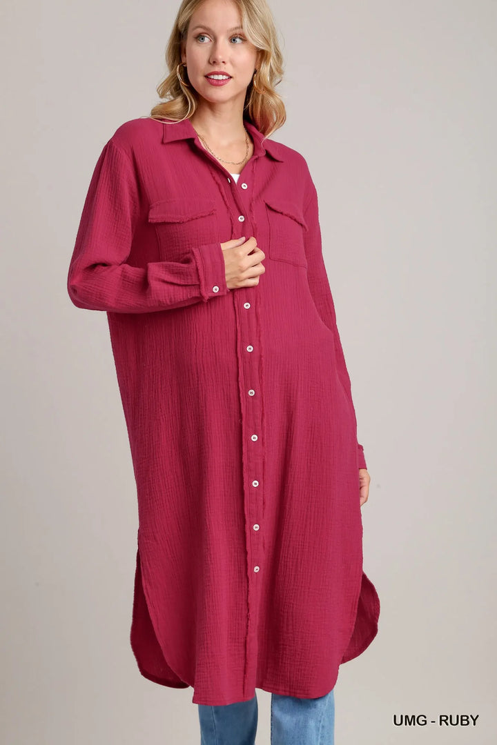 Umg-Ruby Umgee Cotton Gauze Button Down Shirt Dress