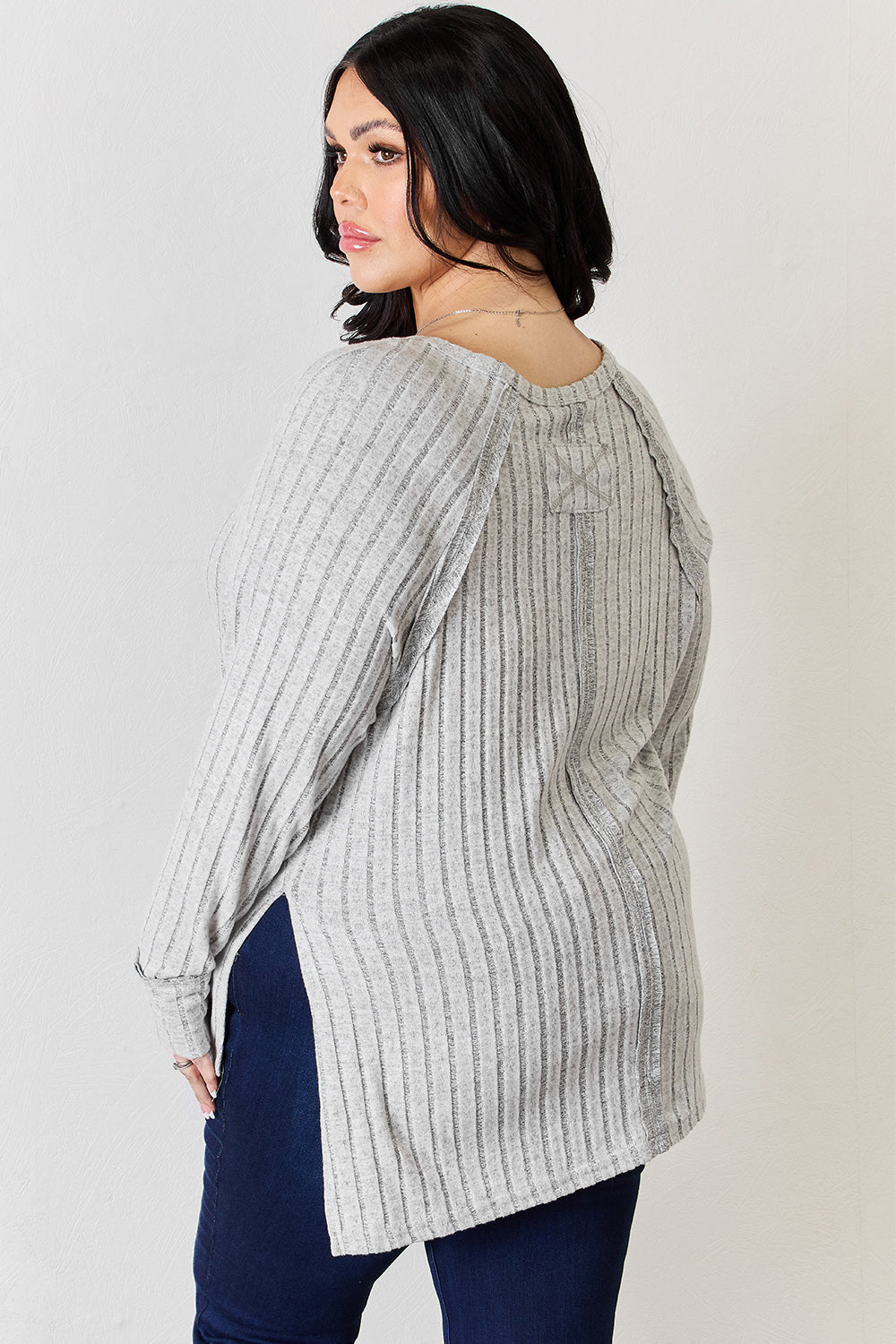 Green Basic Bae Full Size Ribbed Round Neck Slit T Shirt