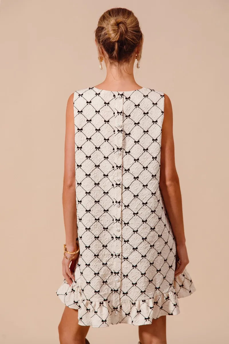 Ivory So Me Texture Bow Printed Mini Ruffle Dress