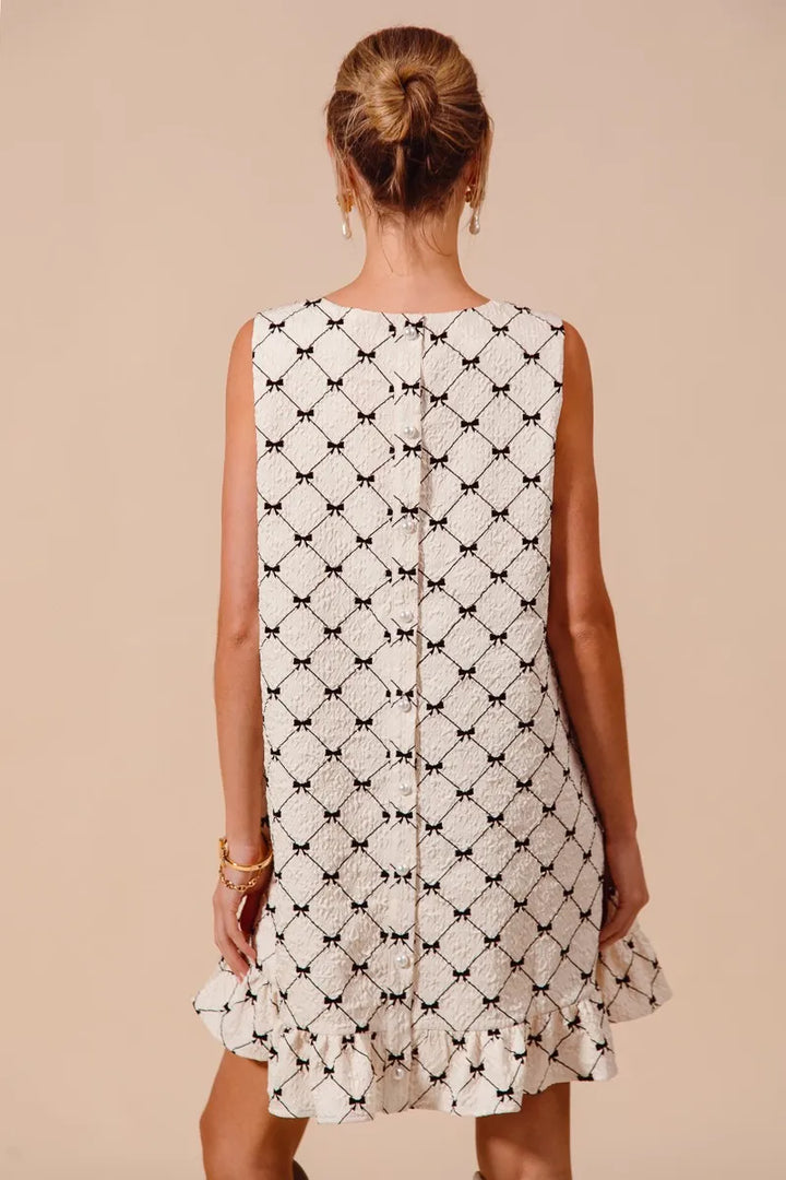 Ivory So Me Texture Bow Printed Mini Ruffle Dress