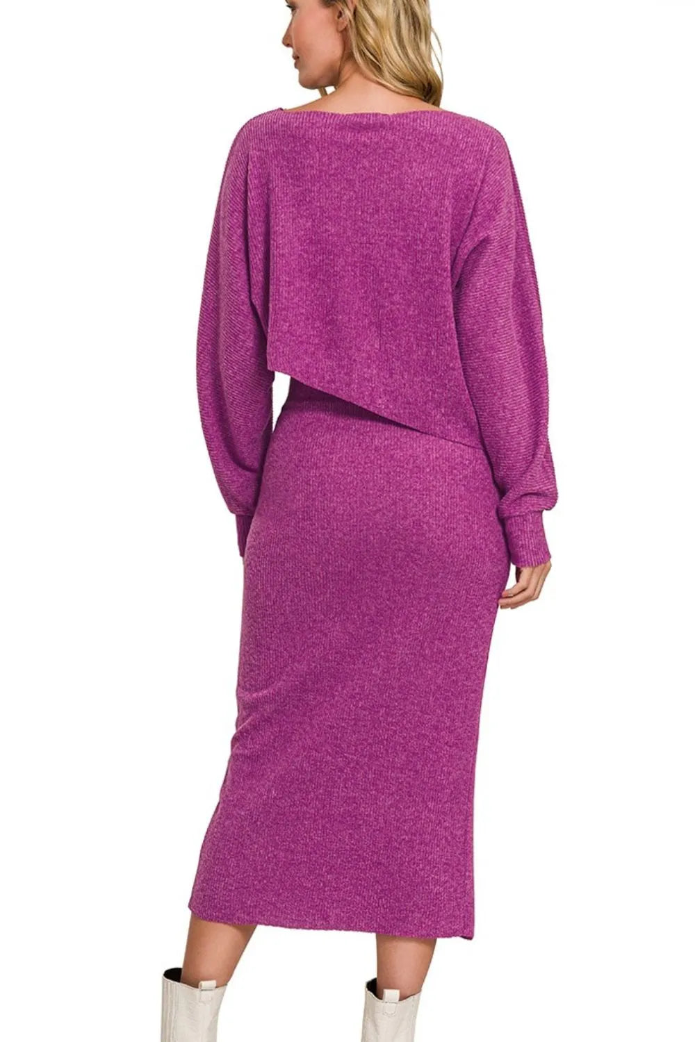 Zenana Ribbed Asymmetric Hem And Sleeve Top Skirt Set