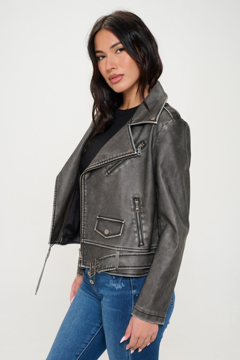 Black Coalition La Zip Up Biker Jacket With Belt 1