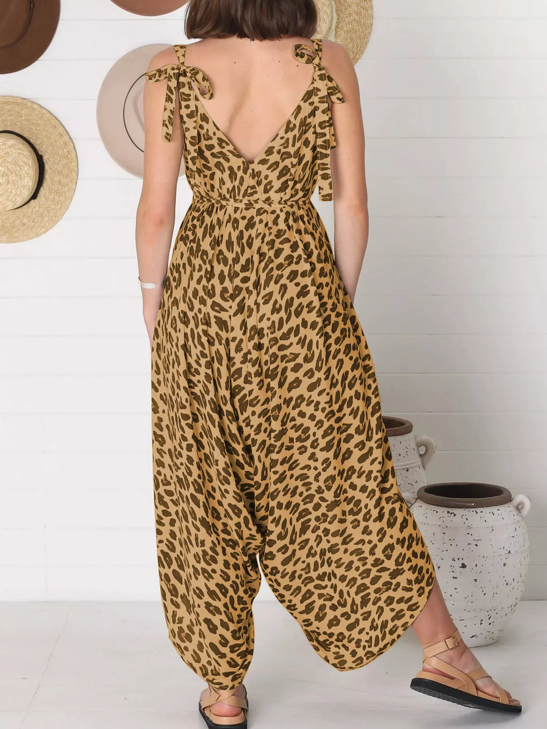 White Full Size Leopard Print V Neck Wide Leg Jumpsuit Plus Size