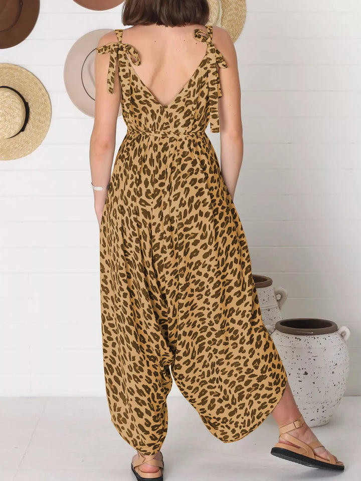 White Full Size Leopard Print V Neck Wide Leg Jumpsuit Plus Size