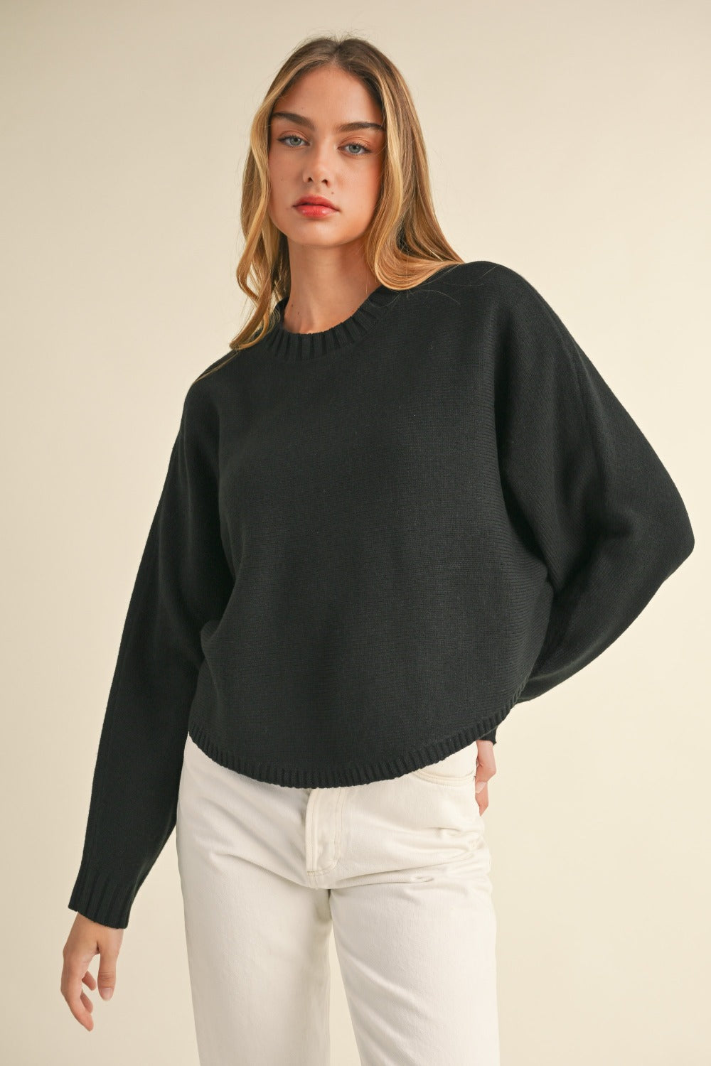 Black Mable Round Neck Dolman Sleeve Cropped Sweater
