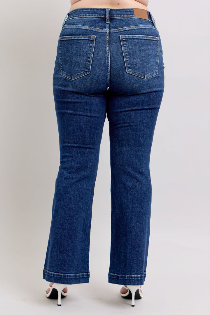 Dark Judy Blue Full Size High Rise Flare Jeans With Pockets Plus Size