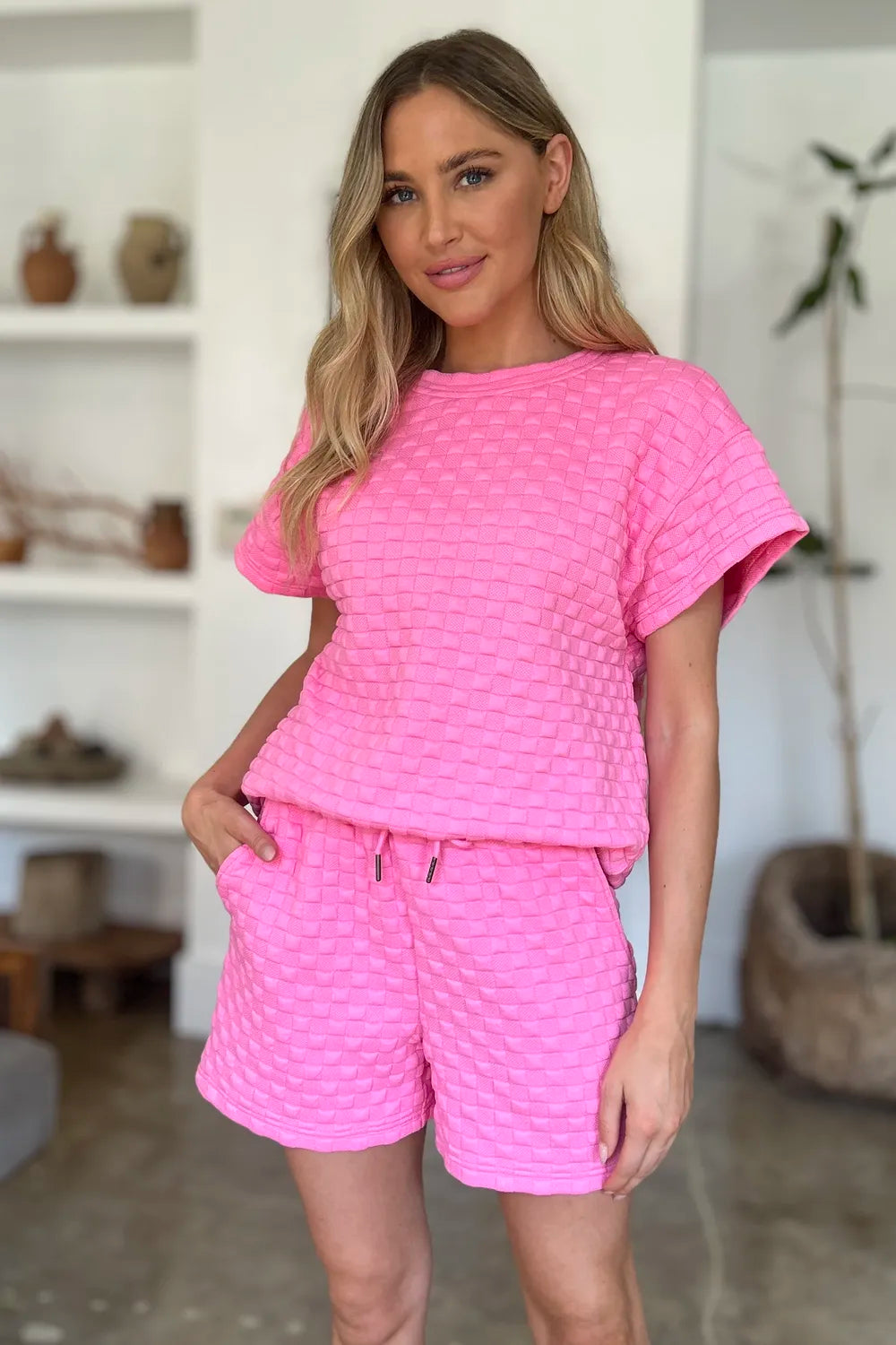 Pink Double Take Full Size Texture T Shirt And Shorts Set