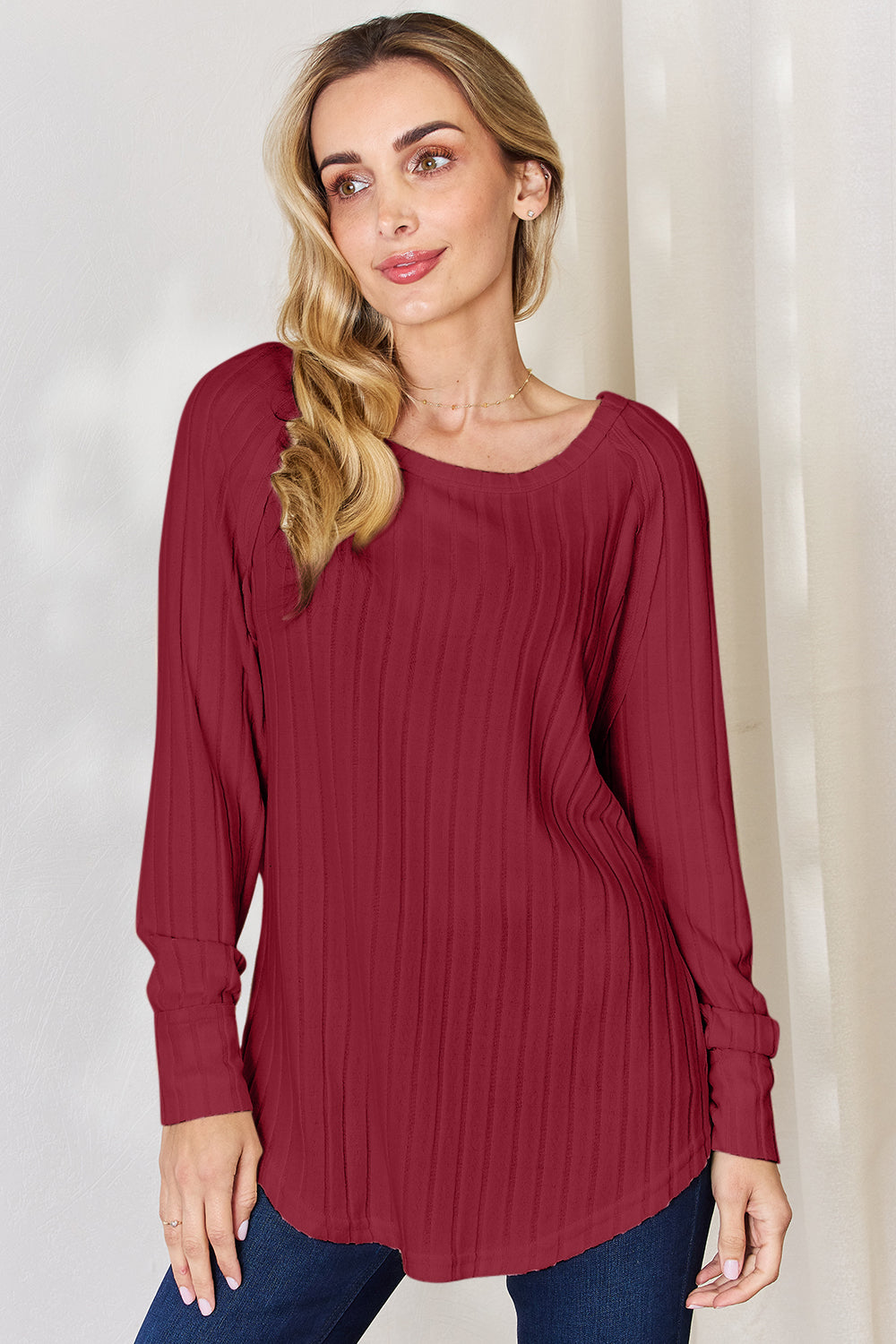 Sky Blue Basic Bae Full Size Ribbed Round Neck Slit T Shirt