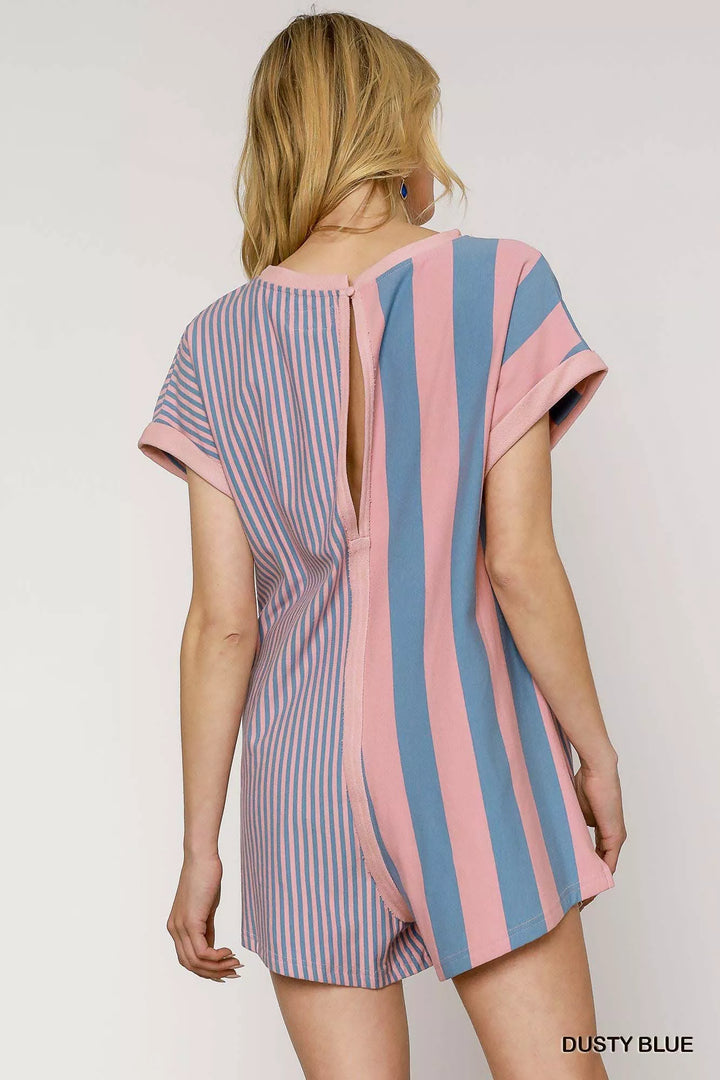 Dusty Blue Umgee Mixed Striped Short Sleeve Romper 1