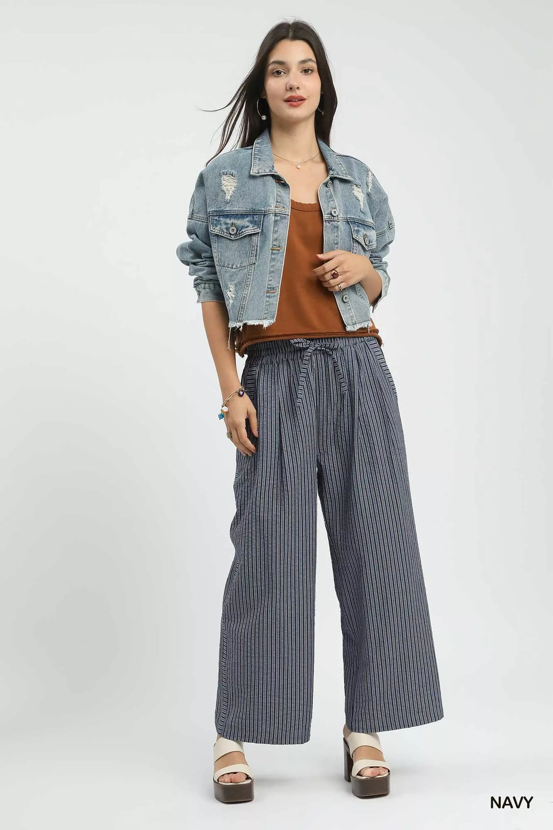 Umgee Drawstring Striped Wide Leg Pants