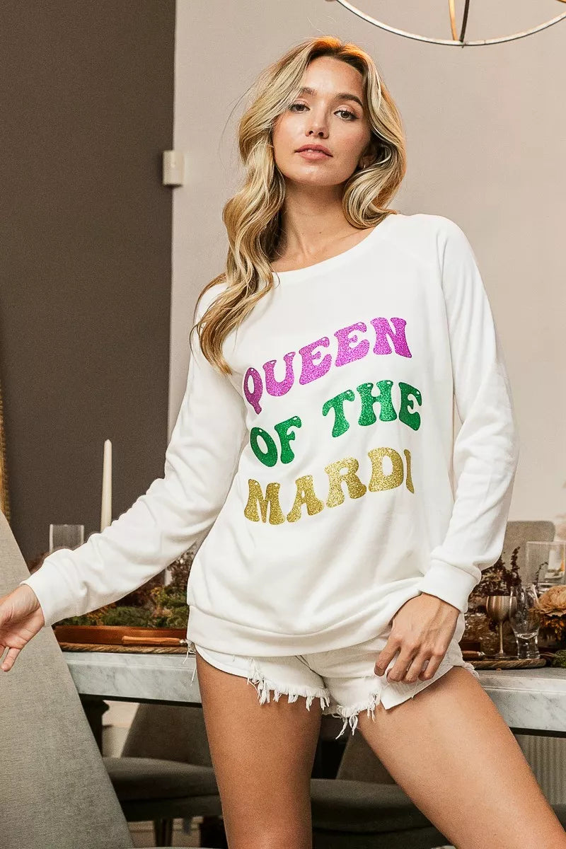 Off White Bibi Queen Of Mardi Glitter Print Mardi Gras Sweatshirt