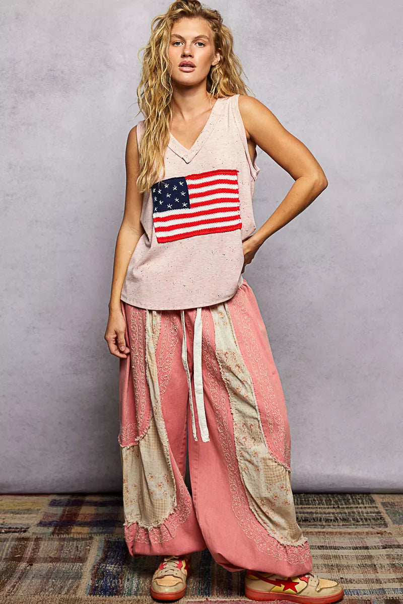 Pol V Neck Ribbed Tank With American Flag Patch And Star Back Patch