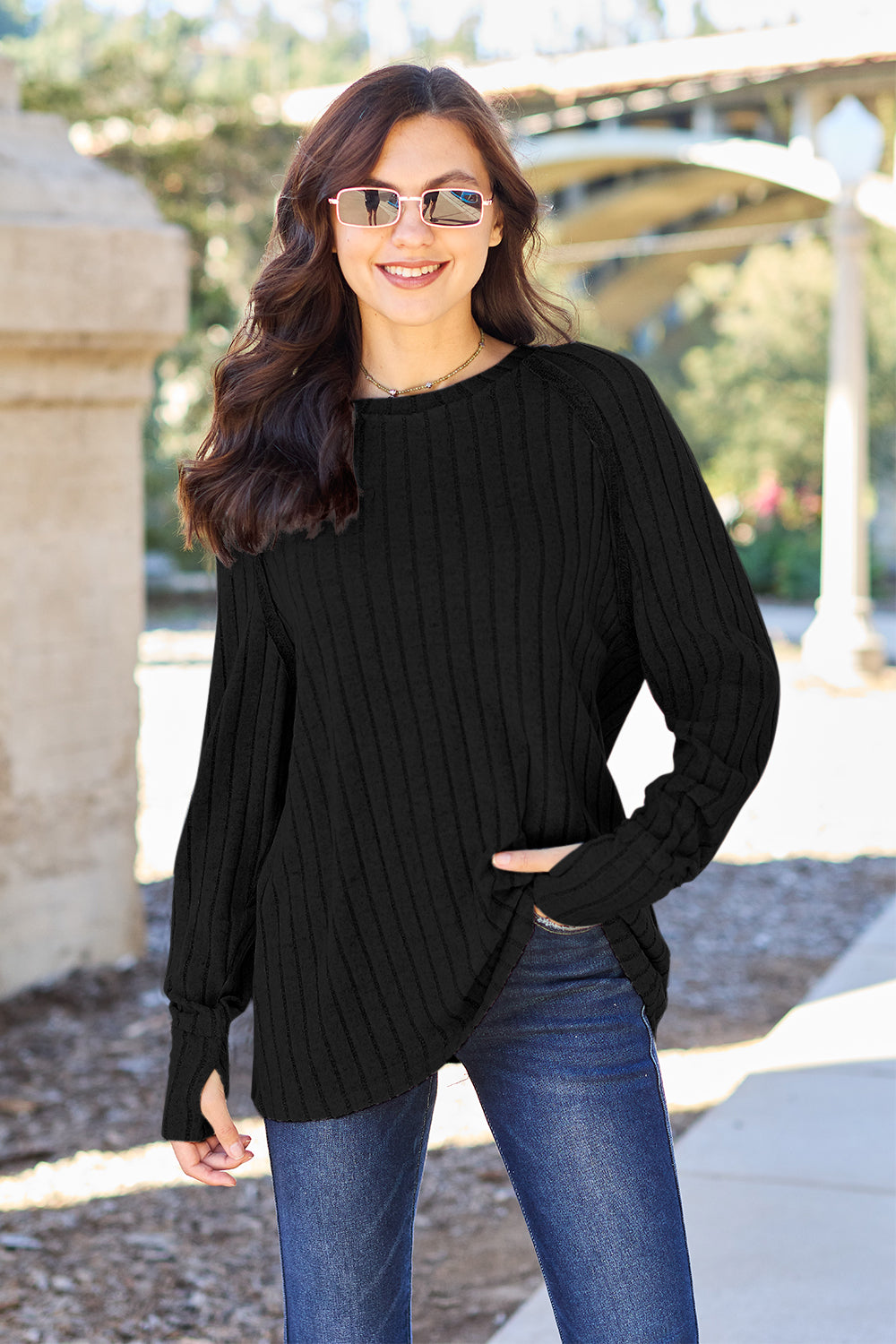 Light Green Basic Bae Full Size Ribbed Round Neck Long Sleeve Knit Top