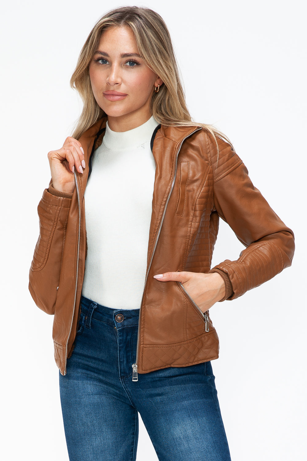 Ymi Faux Layered Double Zipper Jacket With Fuzzy Hood 4