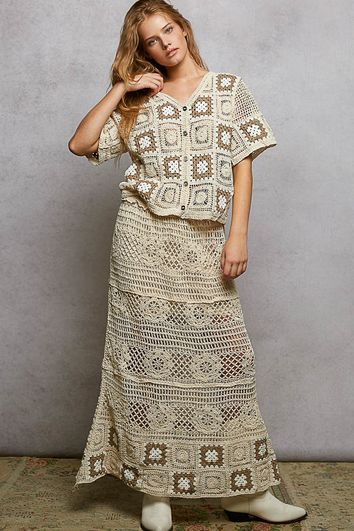 Pol Floral Crochet Ruffled Waistband Maxi Skirt With Granny Square Weave