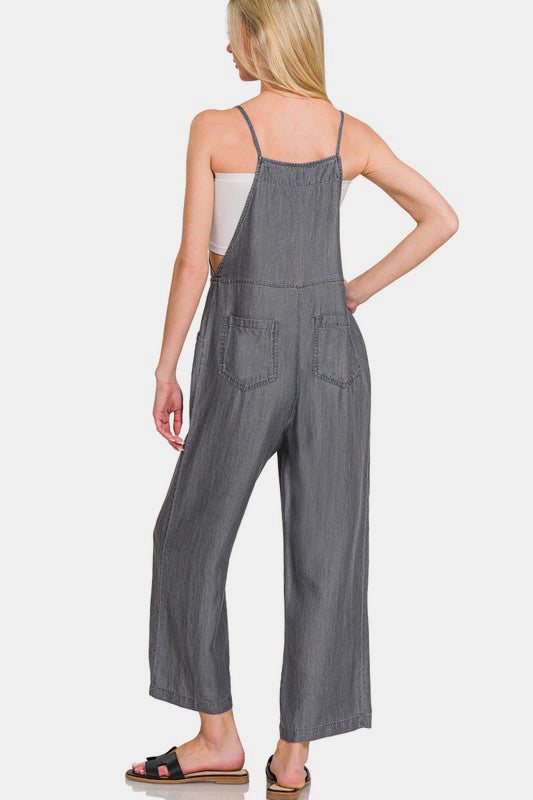 Black Zenana Washed Adjustable Strap Wide Leg Denim Overalls 1