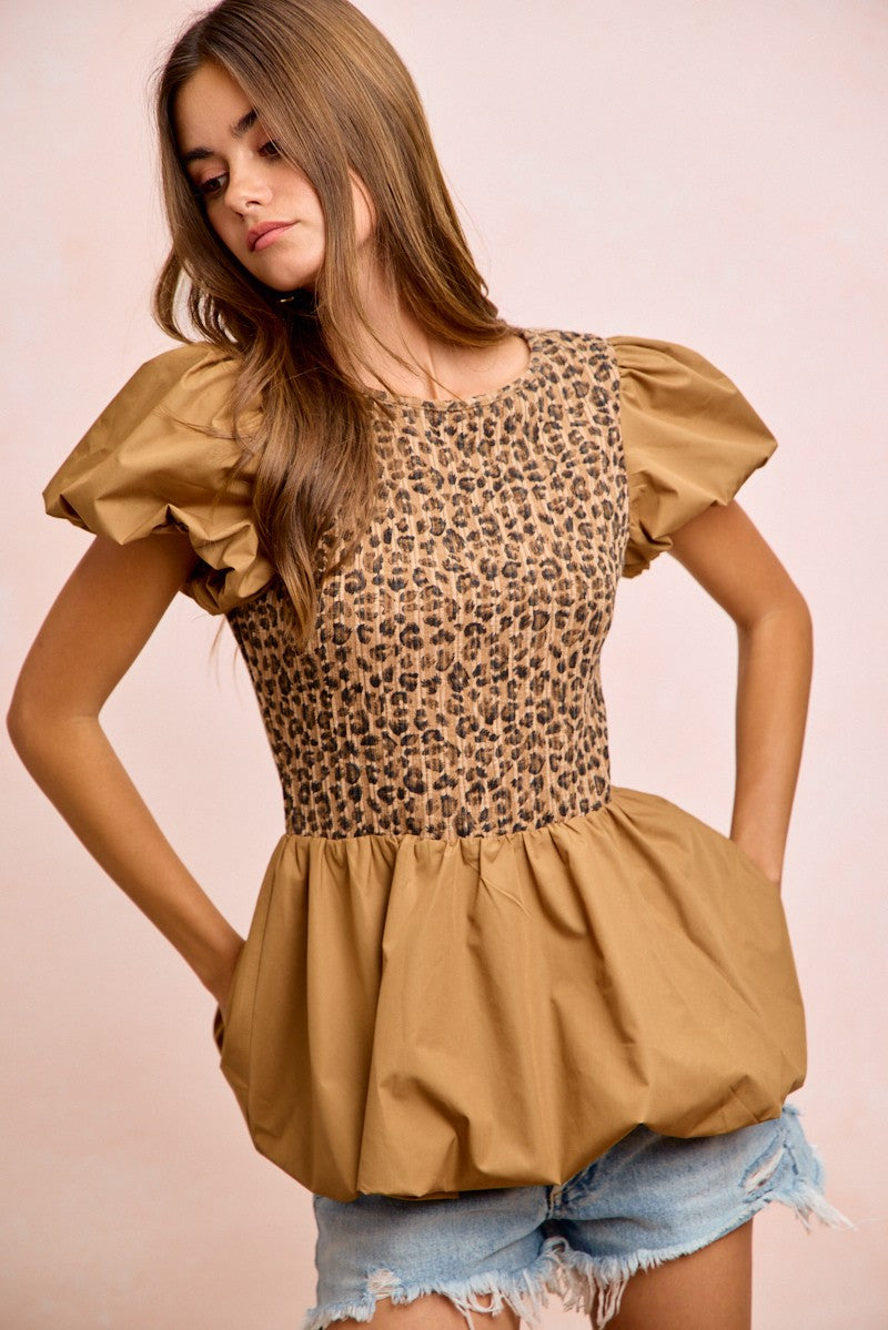 Bibi Rib Texture Leopard Puff Sleeves Bubble Peplum Top