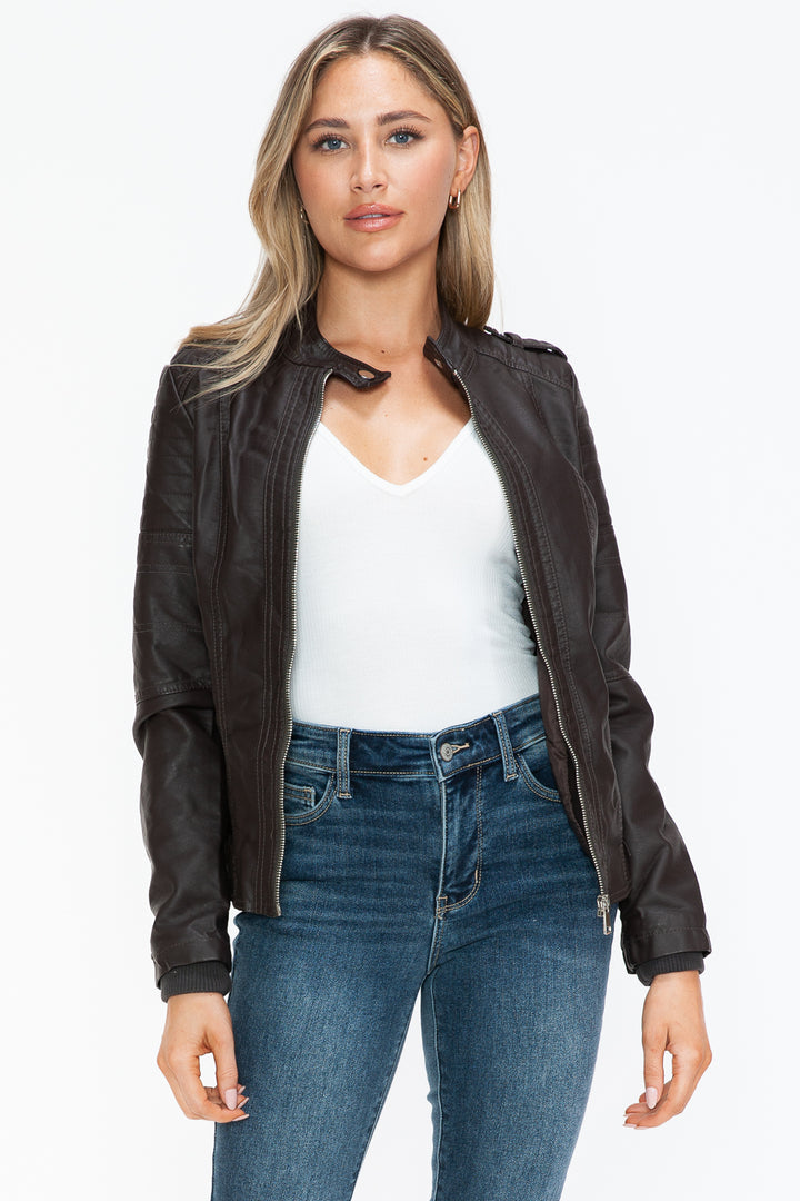 Chocolate Snobbish Pu Leather Biker Jacket With Side Zip Pockets 2