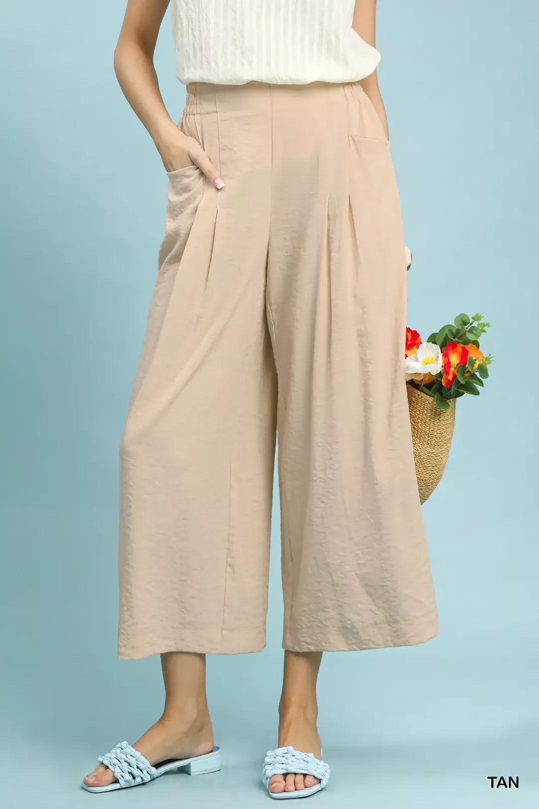 Tan Umgee Solid Pleat Wide Leg Cropped Pants