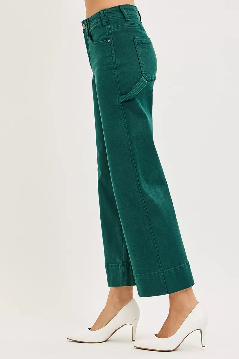 Hunter Green Risen Tummy Control High Rise Crop Wide No Waist Band Pants 1