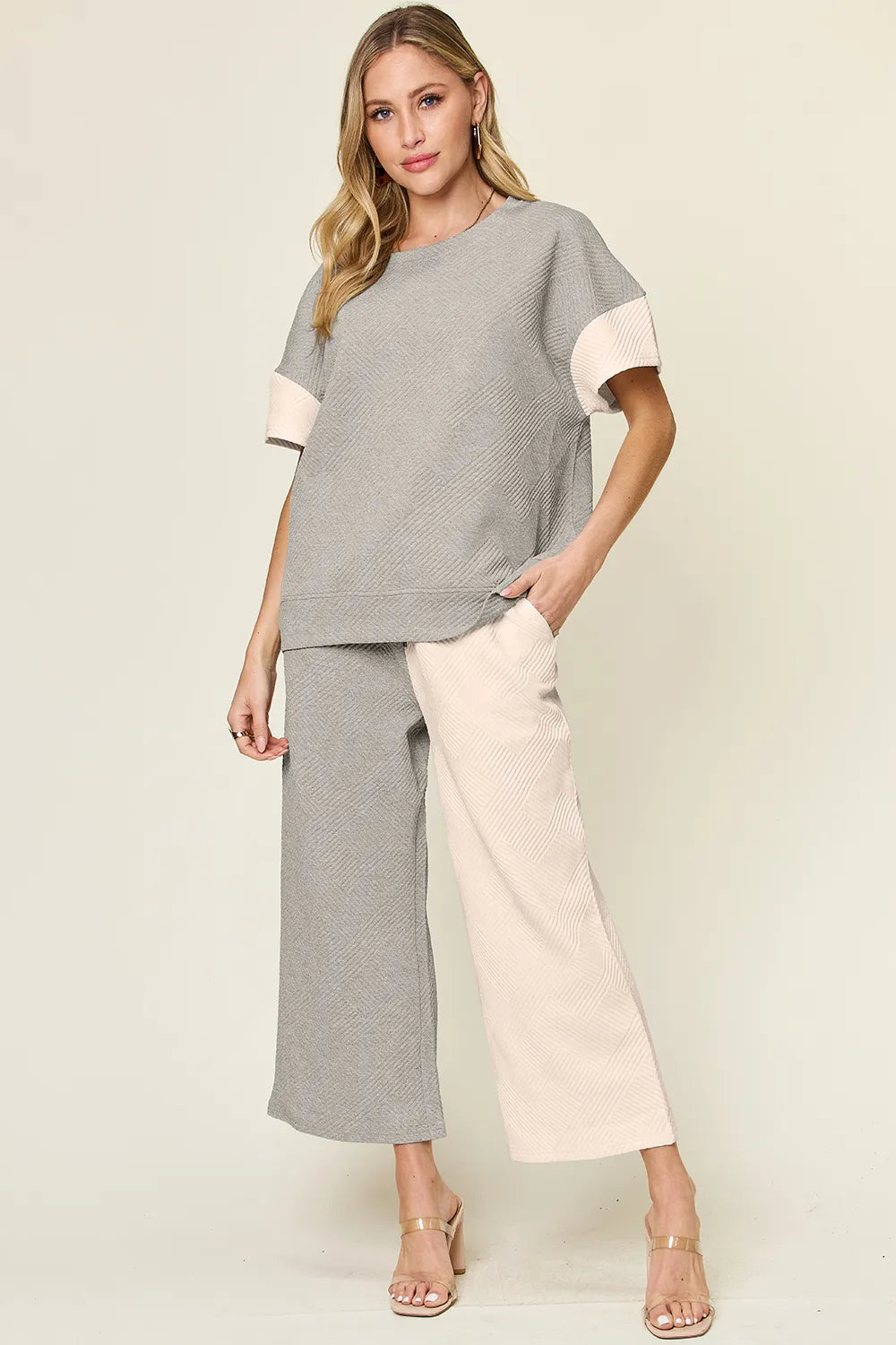 White Double Take Full Size Texture Contrast T Shirt And Wide Leg Pants Set